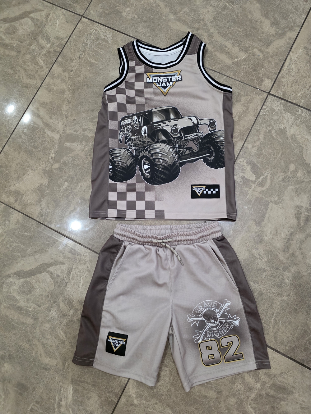 Kids Grey Basketball Matching Set - Number 82 Jersey & Shorts